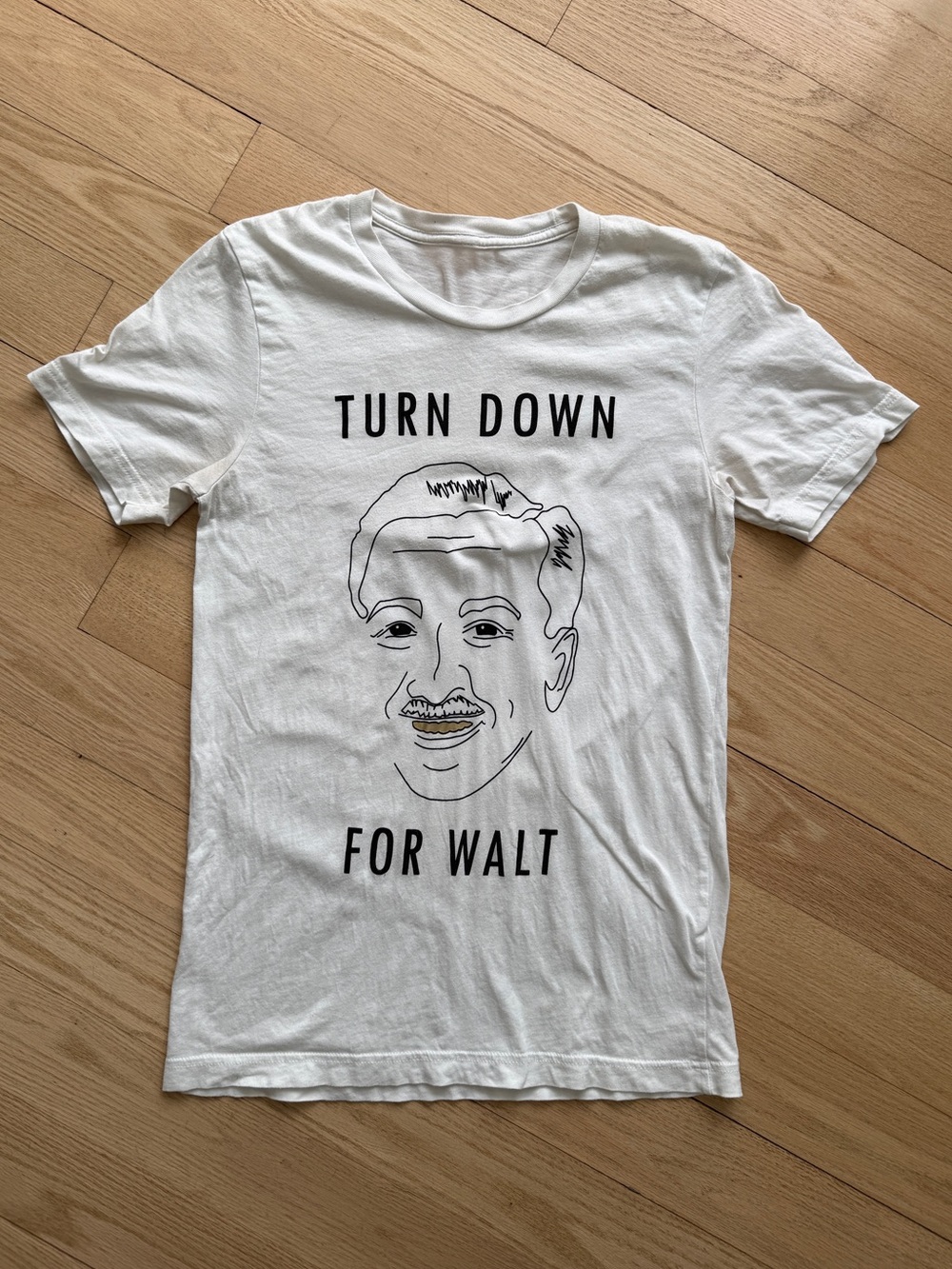 White Graphic T-Shirt Turn Down For Walt with Walt Disney’s face Small